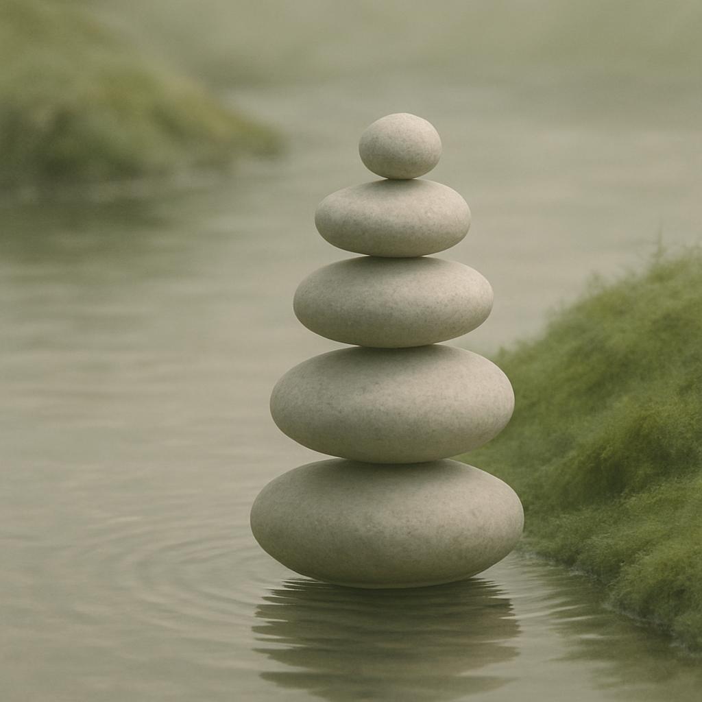 Five balanced stones surrounded by water and green vegetation.