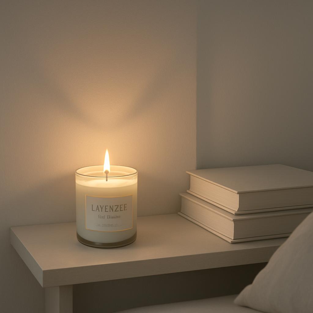 This is an image of a lit white candle in a clear container with a gold trim along the bottom and a white label that reads...