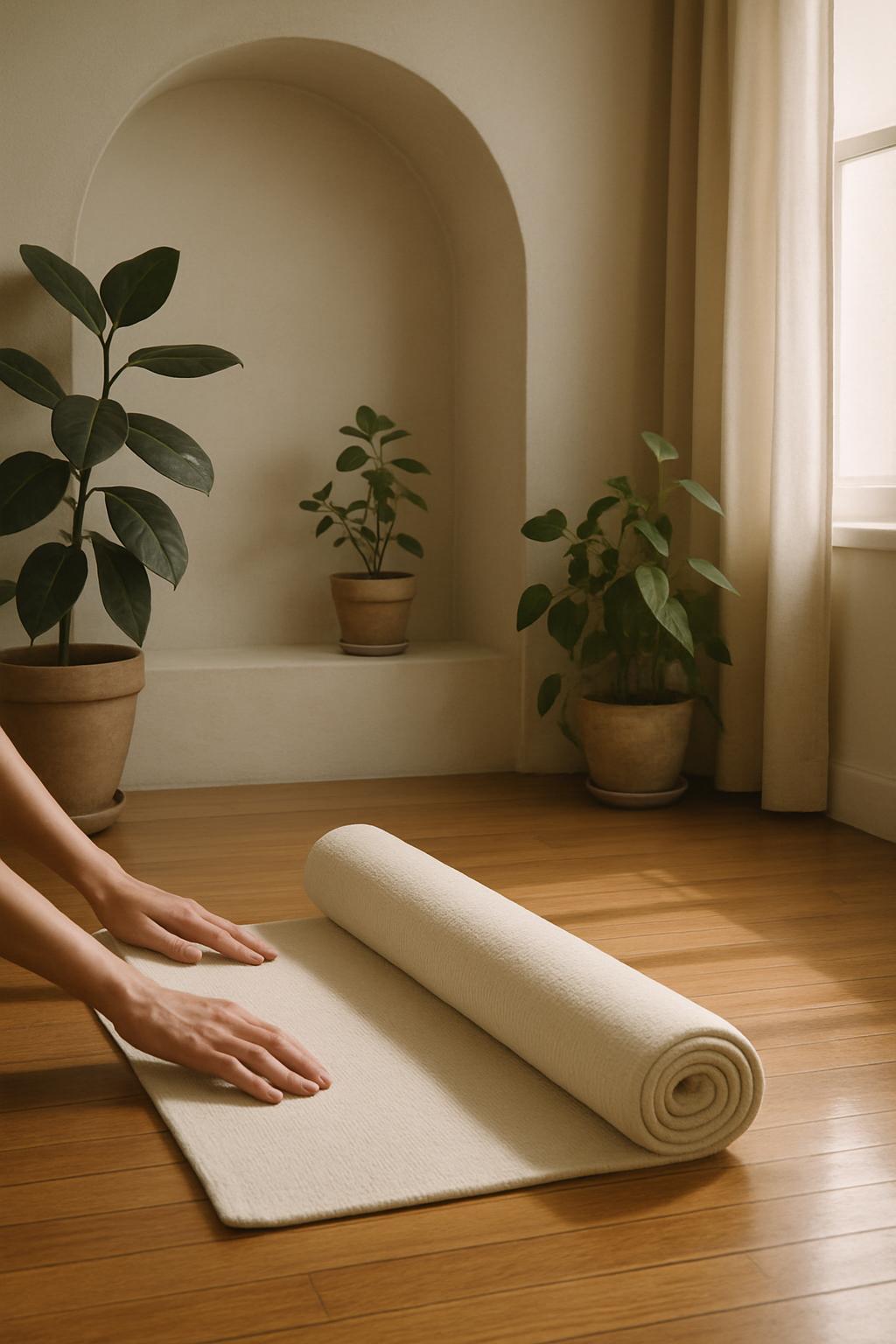 A person's hands are unrolling a soft, off-white yoga mat as they prepare for exercise or meditation.
