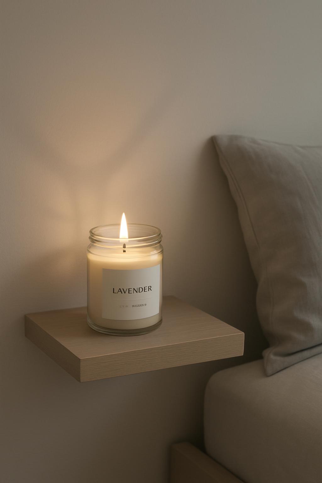 An image featuring a candle sits on a bedside shelf in a pretty minimal theme. An image shows a container of wax, lit, sta...
