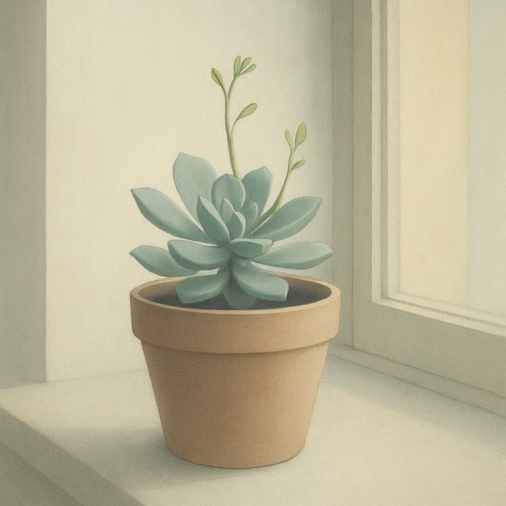 A potted succulent, painted in light muted blue-green tones on brown terracotta pot in an off-white corner of possibly win...